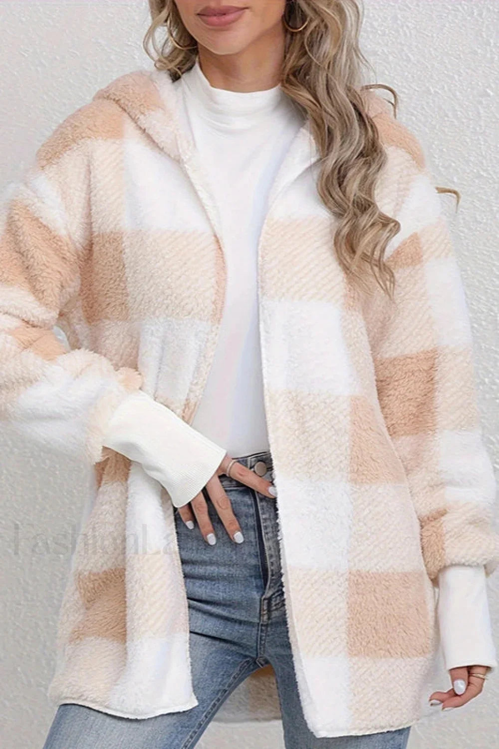 Plaid Fuzzy Hooded Mid Length Coat Apricot / S