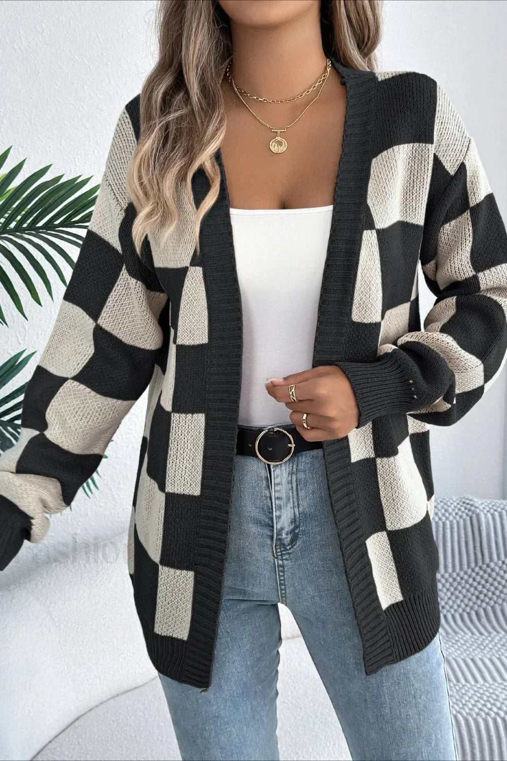 Plaid Knit Casual Loose Cardigan