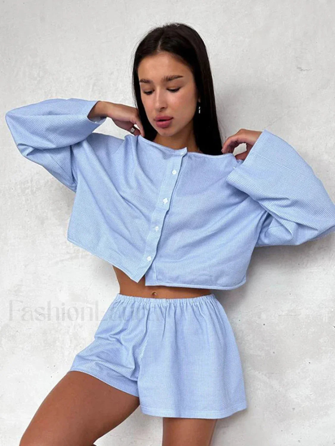 Plaid O-Neck Long Sleeve Shorts Two Piece Set