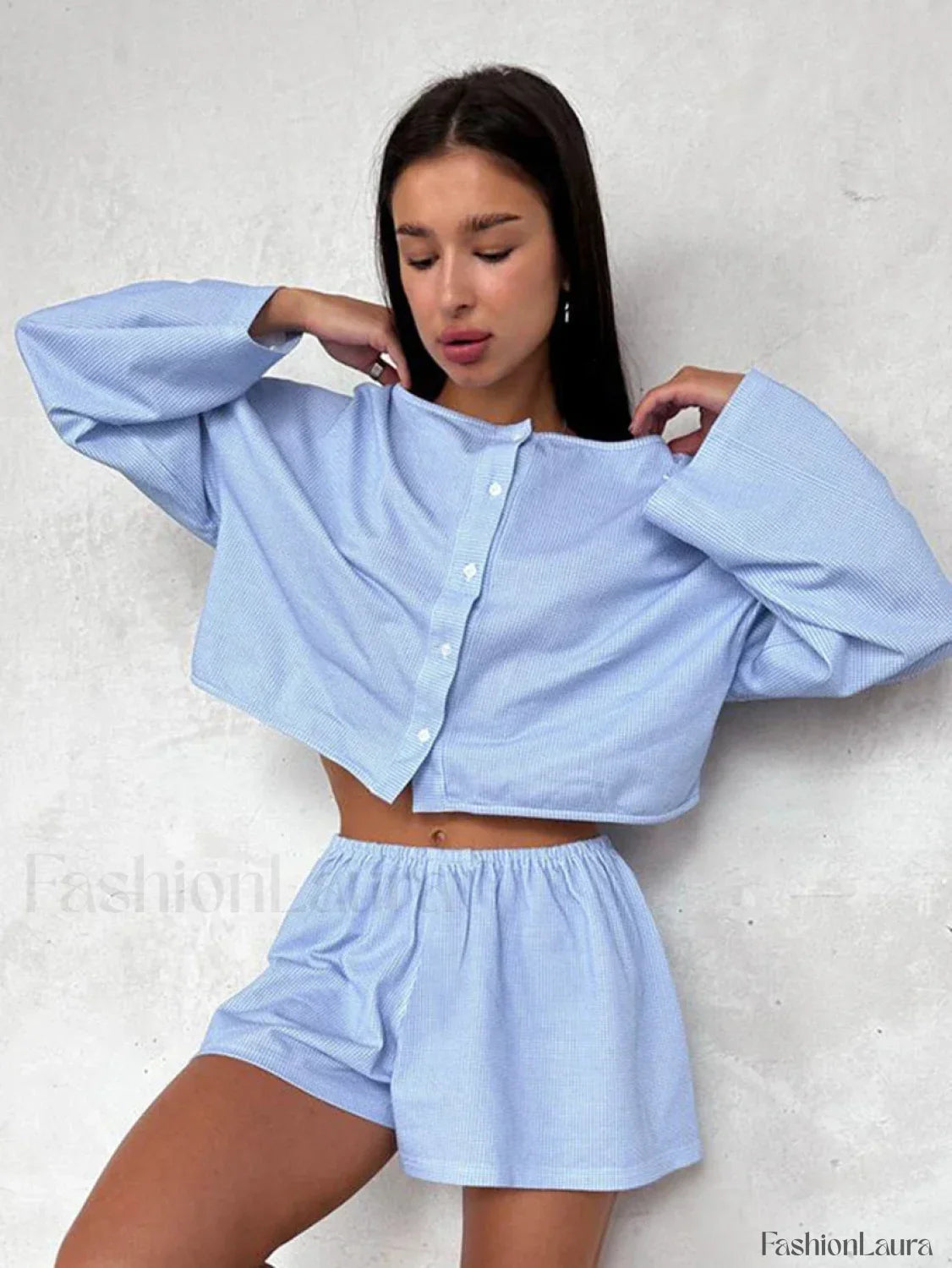 Plaid O-Neck Long Sleeve Shorts Two Piece Set
