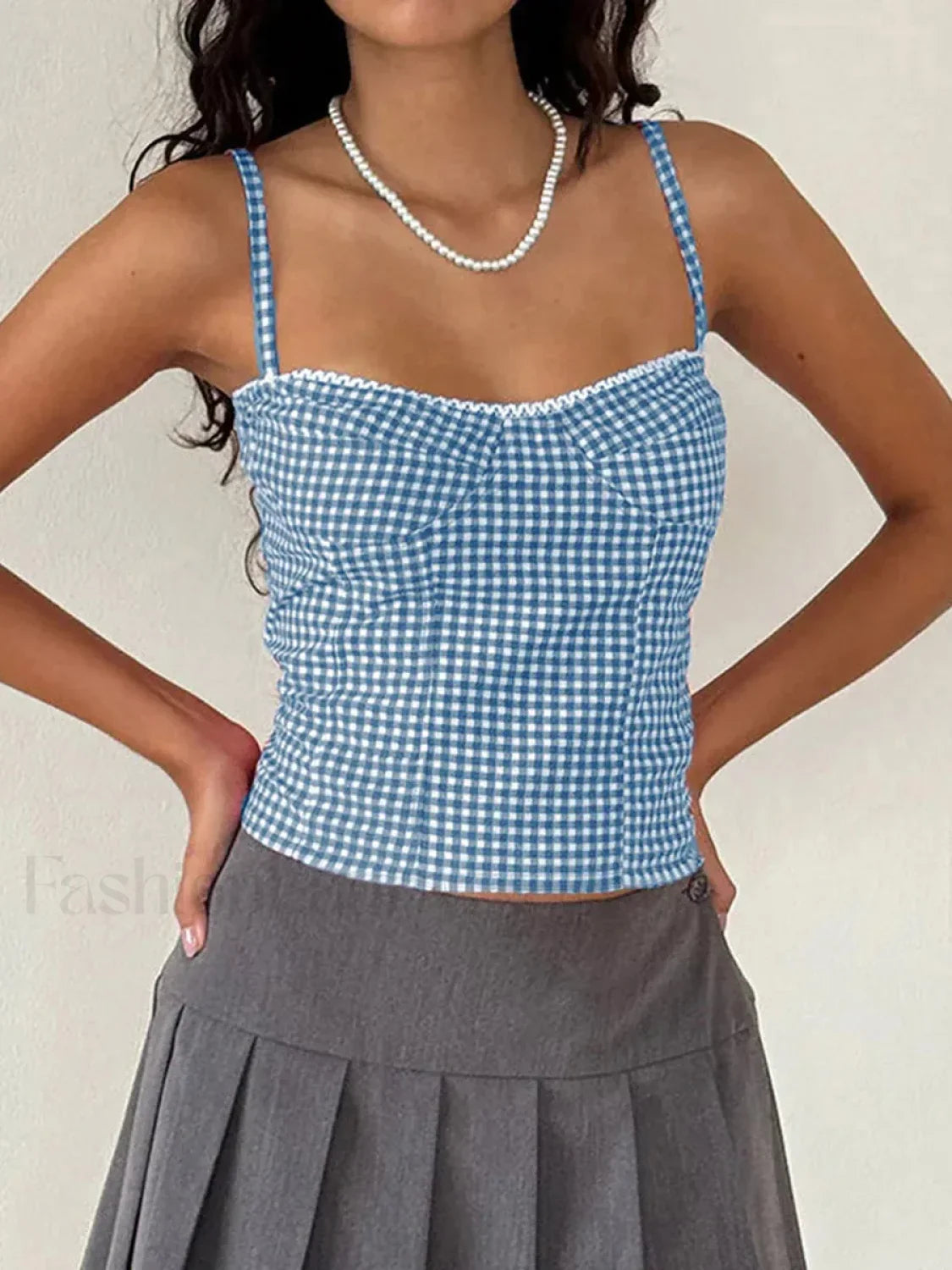 Plaid Open Back Low Crop Top Blue / S