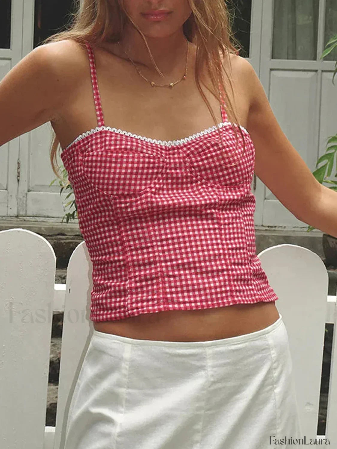 Plaid Open-Back Low Crop Top