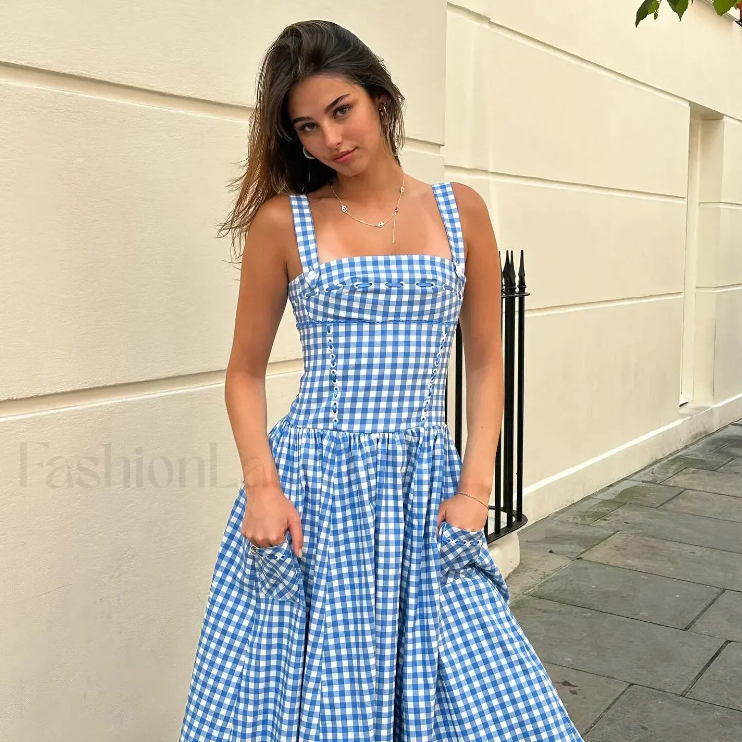 Plaid Pocket Midi Dress Blue / XS