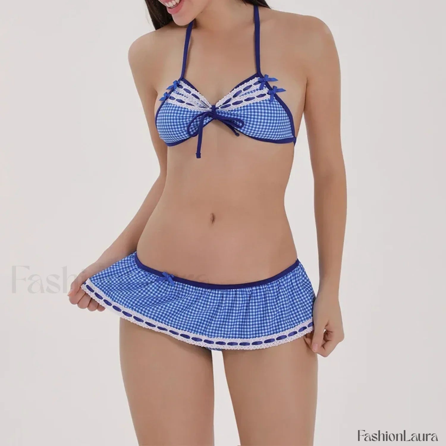 Plaid Ruffled Halter Bikini Set