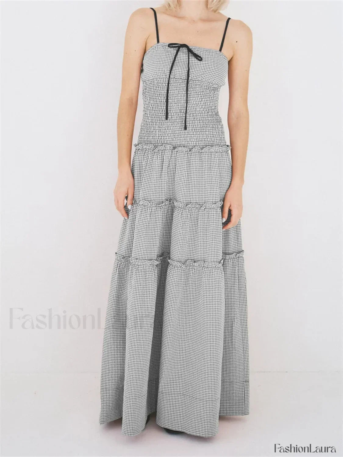 Plaid Square Neck Ruffle Maxi Dress