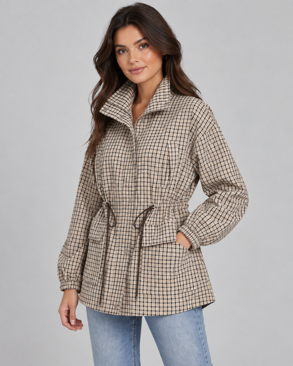 Check Stand Collar Snap Front Drawstring Waist Utility Jacket