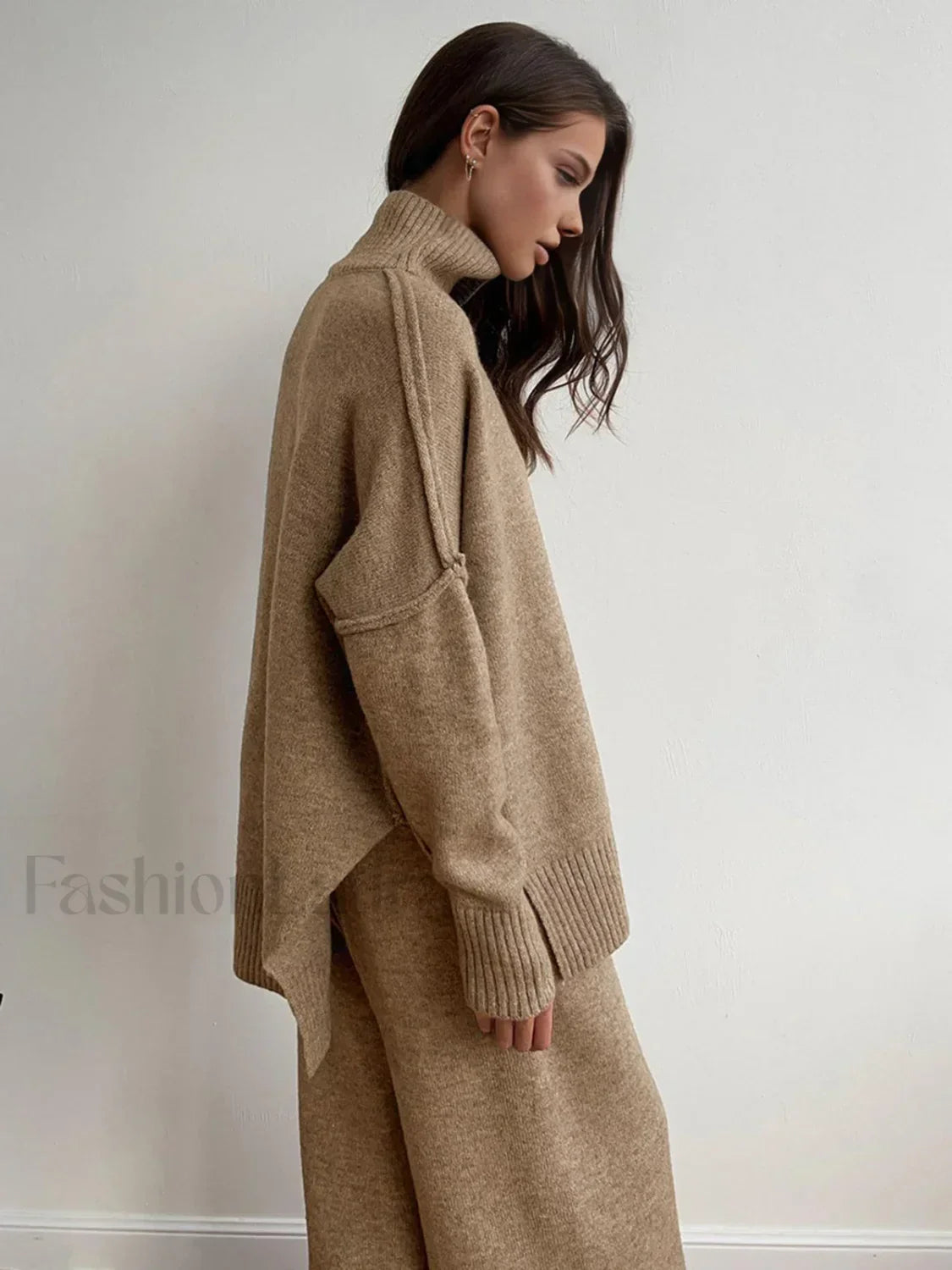 Plain Turtleneck Knit Pants Set