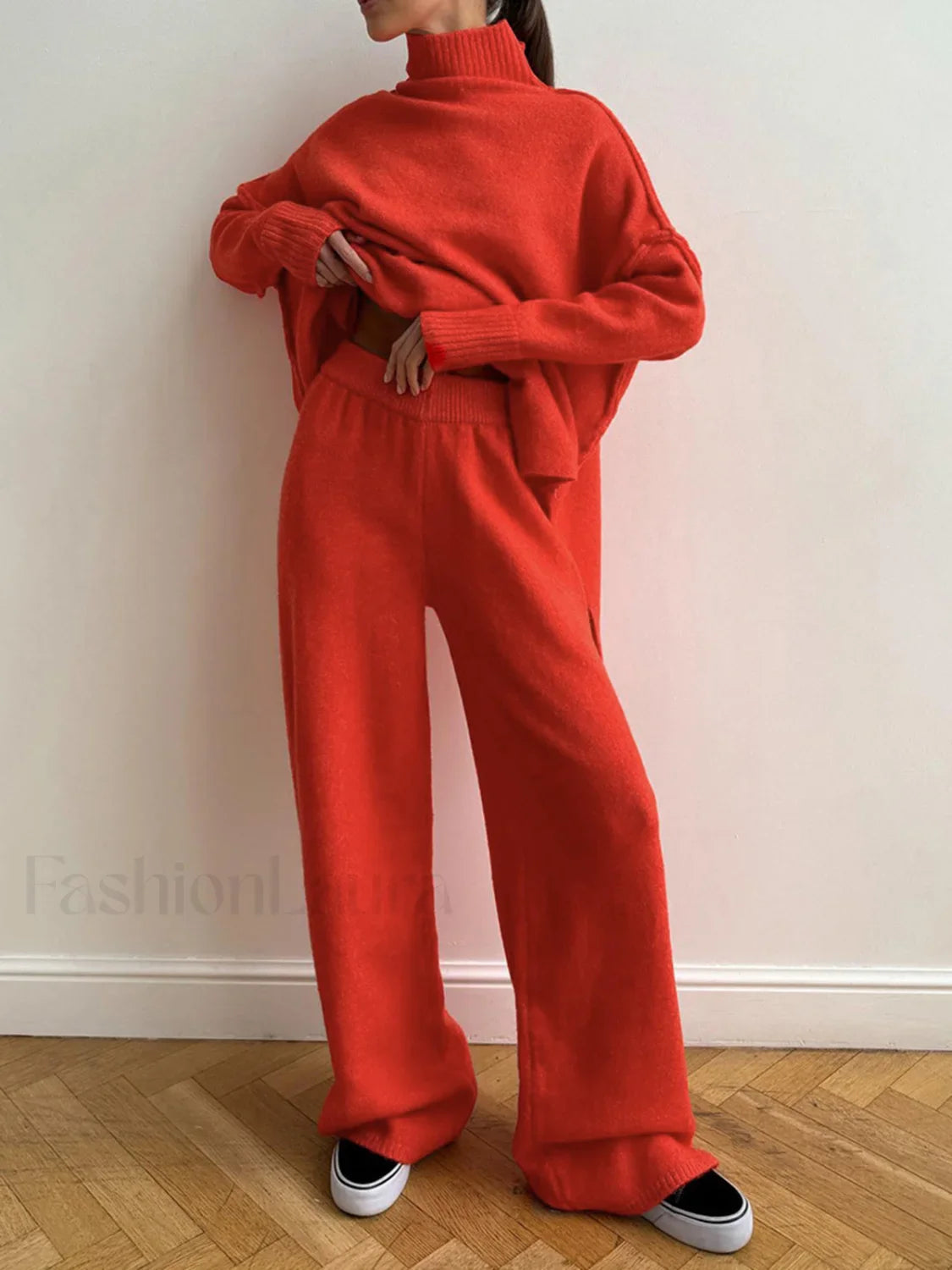 Plain Turtleneck Knit Pants Set Red / XS Pant Sets