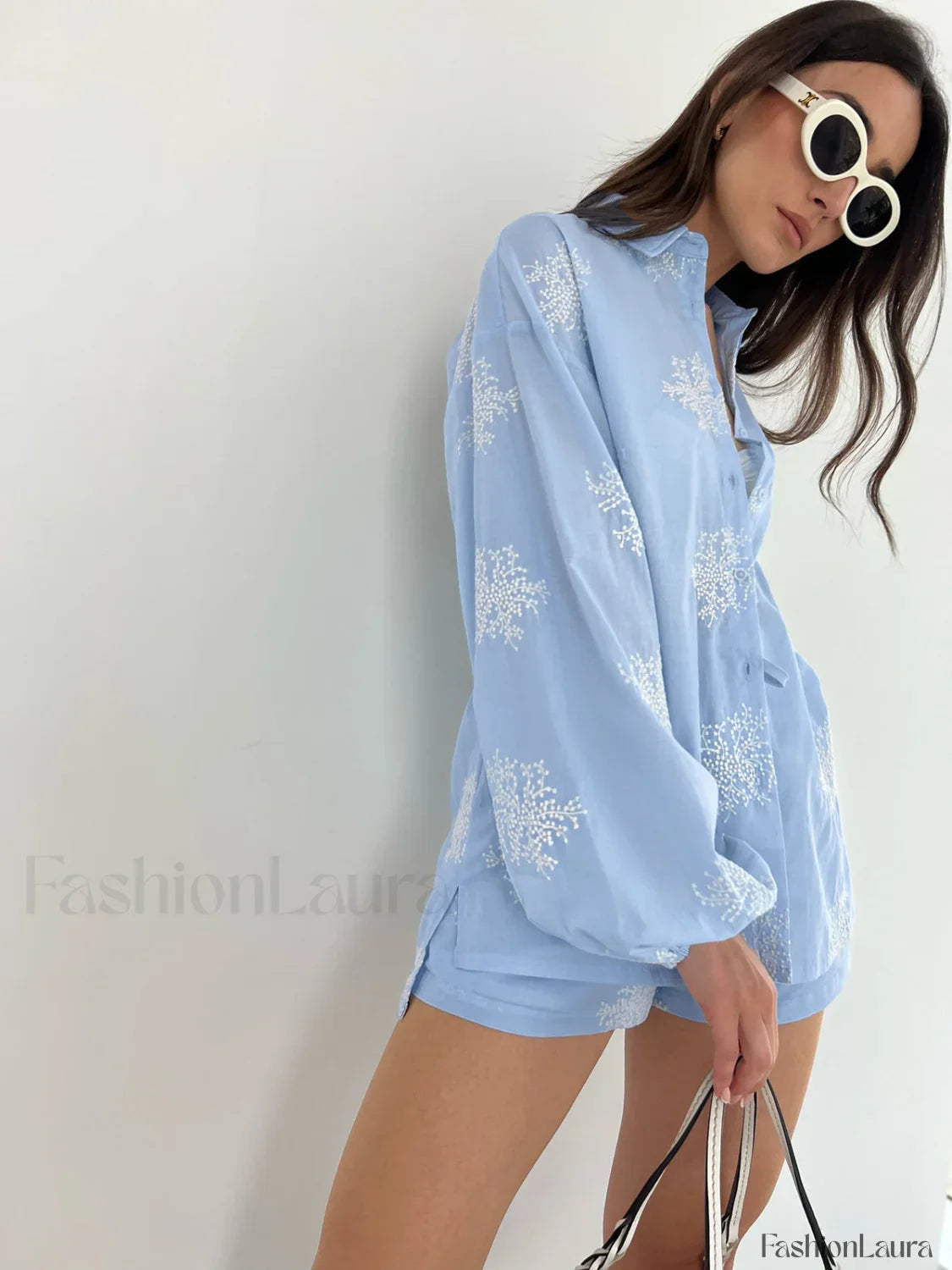 Plant Embroidery Casual Shorts Set