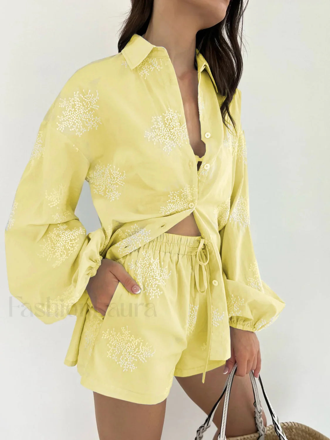 Plant Embroidery Casual Shorts Set