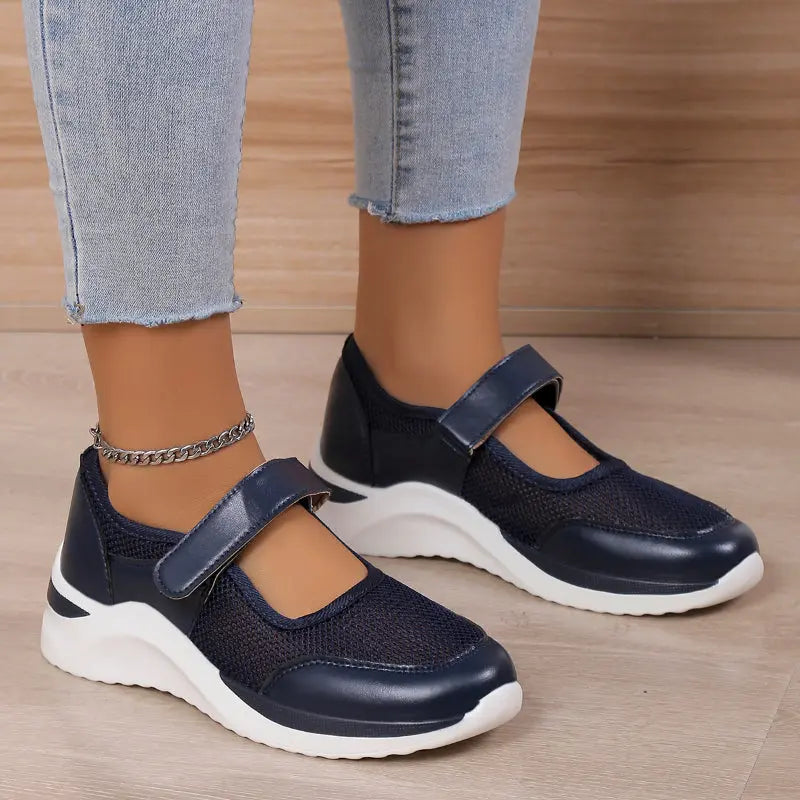 Round Toe Mesh Panel Hook and Loop Strap Platform Sneakers