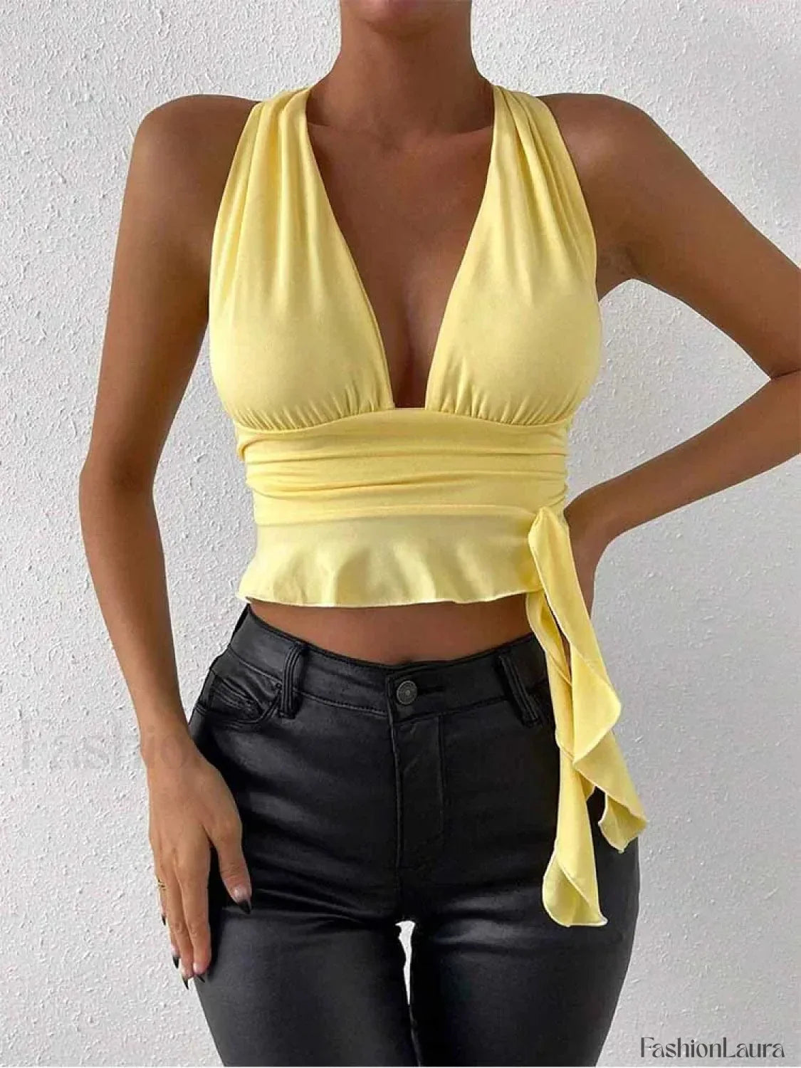 Pleated Deep V-Neck Crop Top
