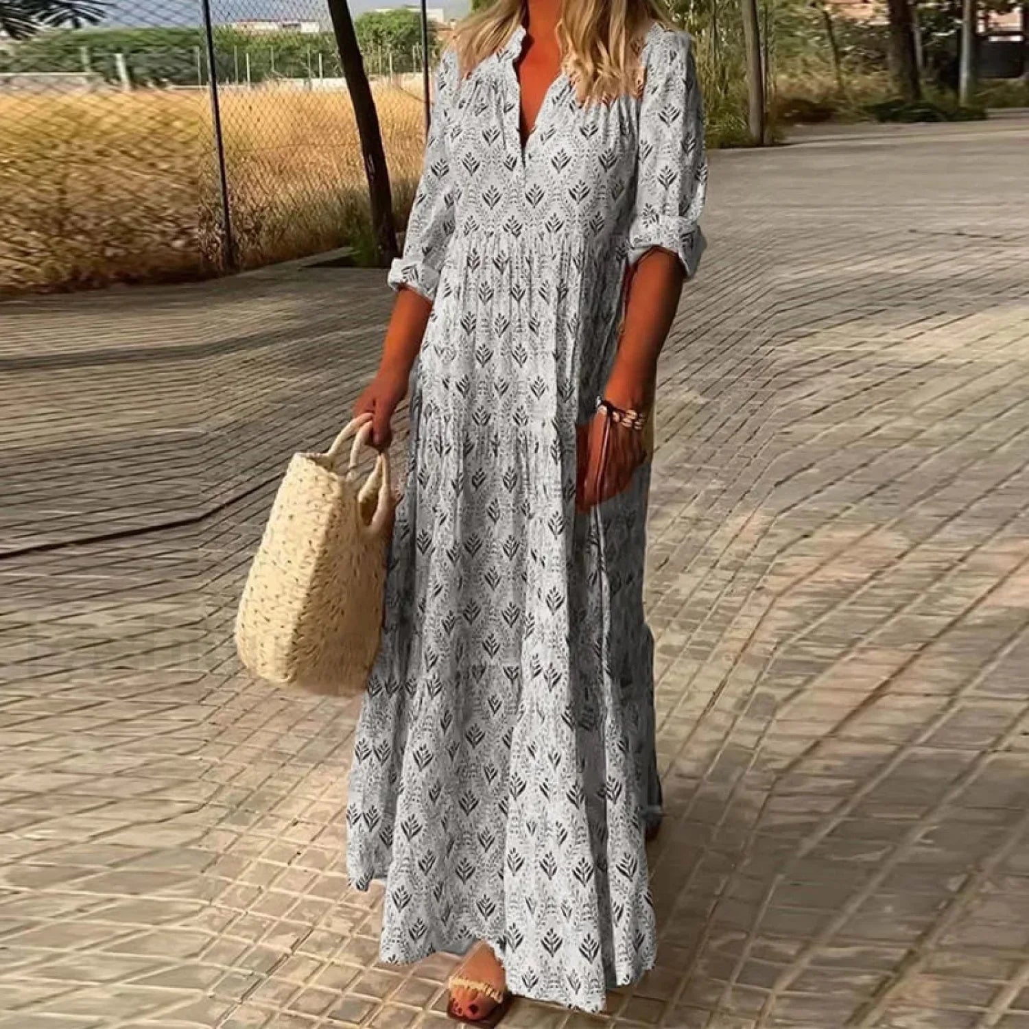 Pleated Floral Maxi Boho Dress
