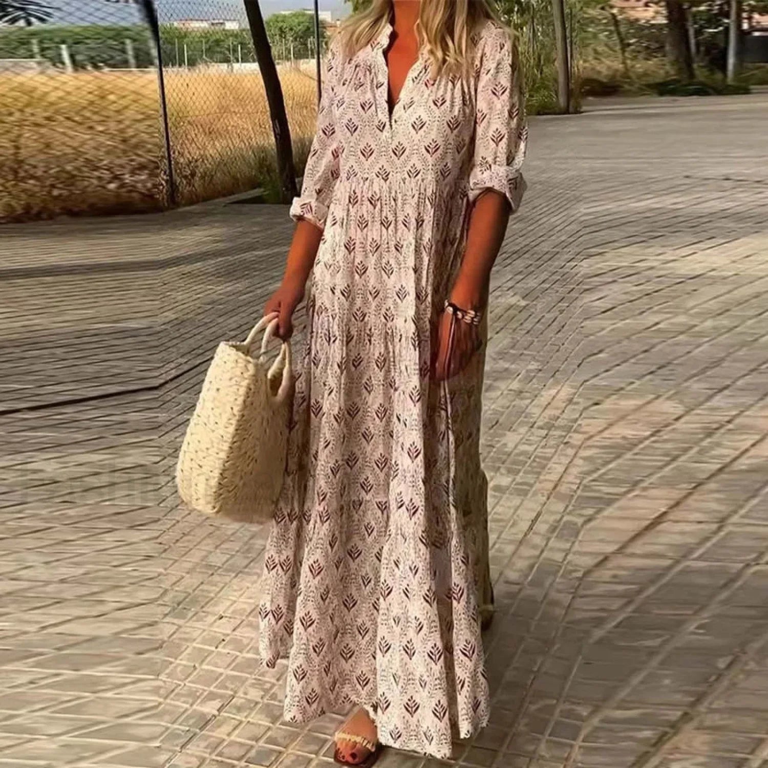 Pleated Floral Maxi Boho Dress