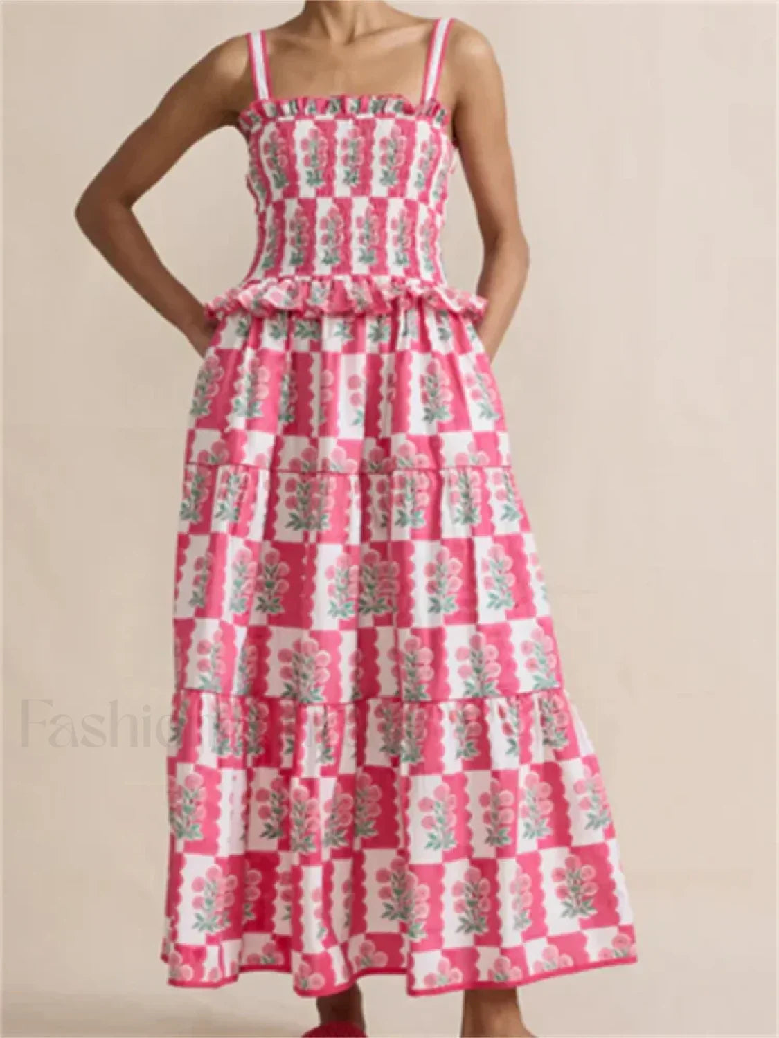 Pleated Floral Ruffle Strap Maxi Dress