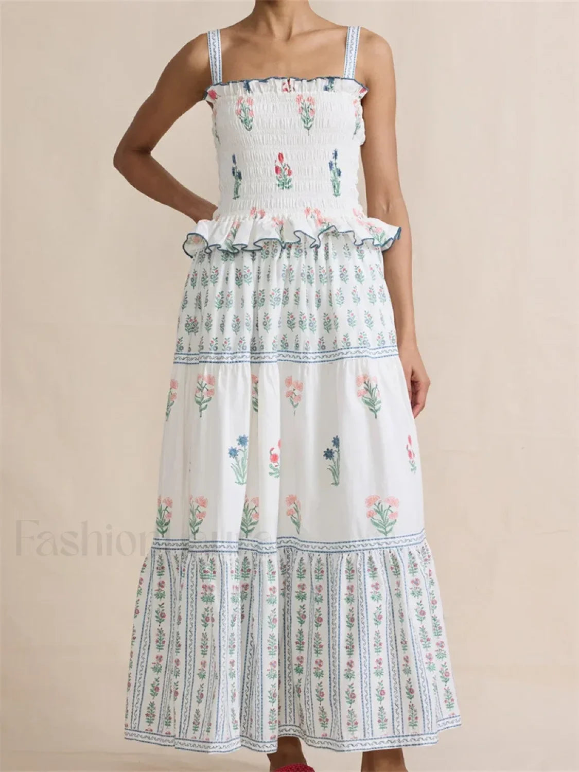 Pleated Floral Ruffle Strap Maxi Dress