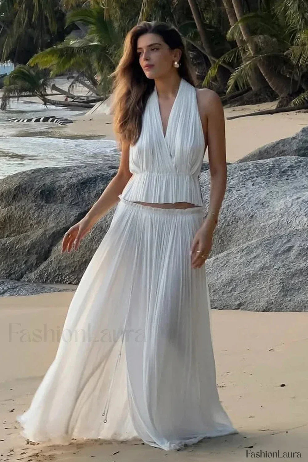 Pleated Halter Top Boho Dress