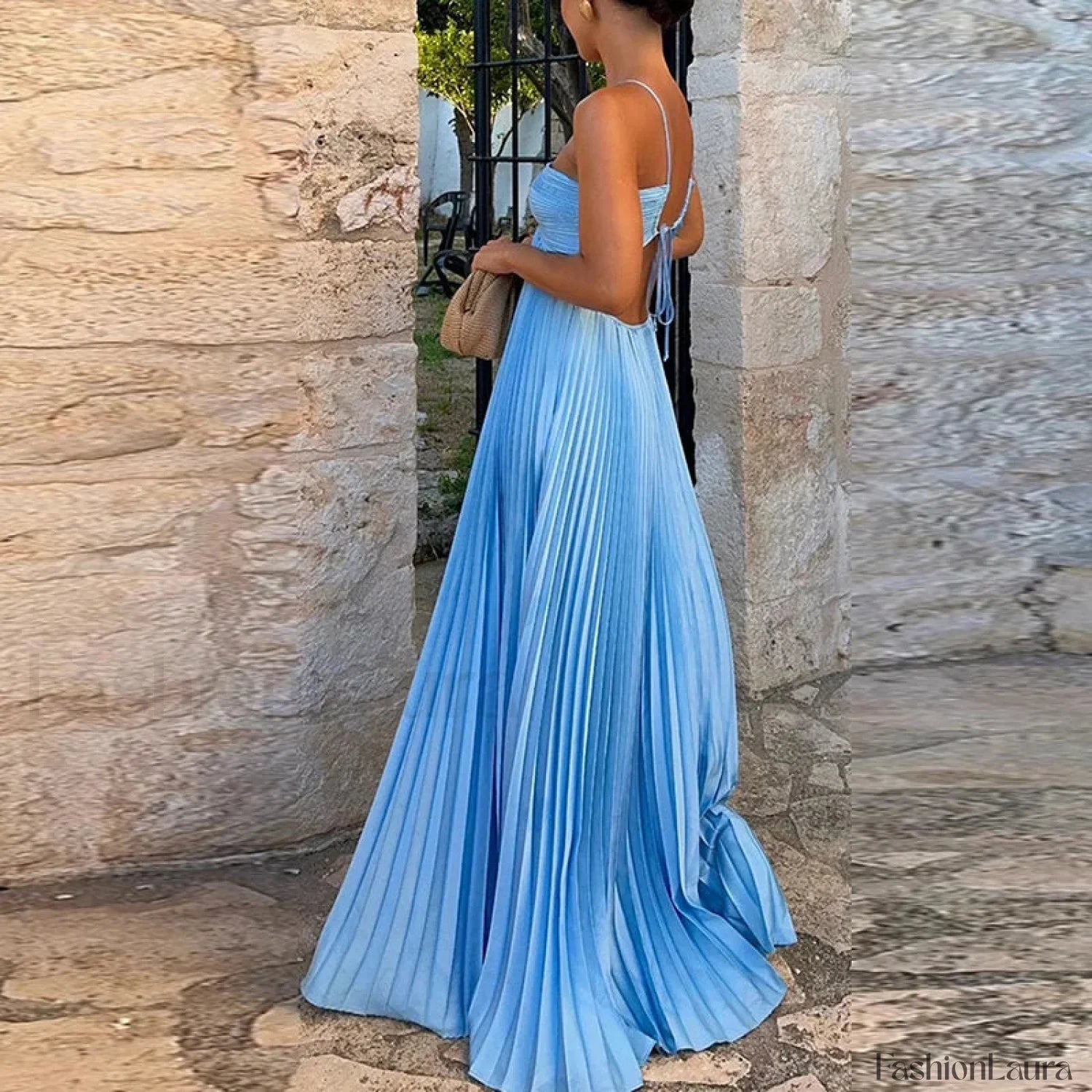Pleated High Waist Halter Maxi Dress