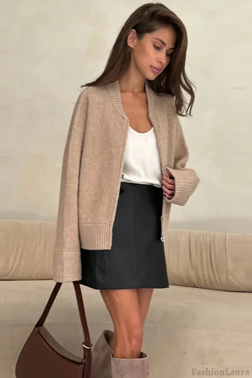 Pleated Knit O Neck Zipper Cardigan