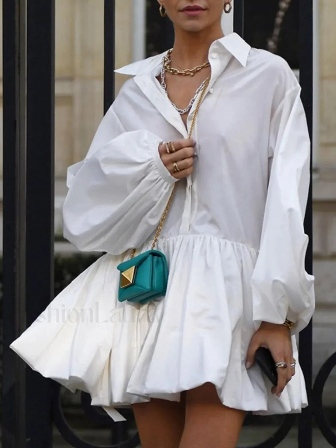 Pleated Long Sleeve Button Modern Up Collar Mini Dress White / XS Dresses