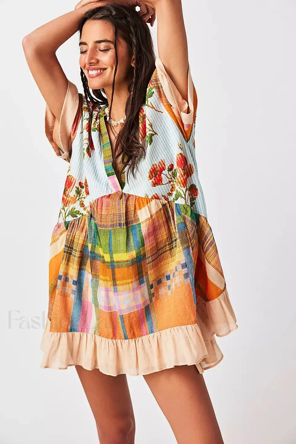 Pleated Oversized V-Neck Boho Dress