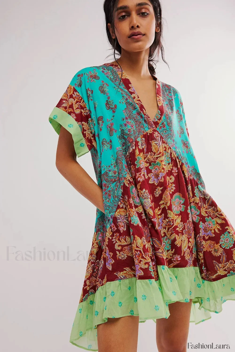 Pleated Oversized V-Neck Boho Dress