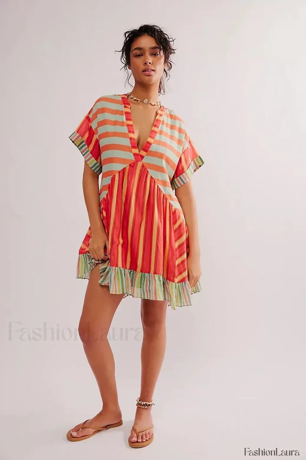 Pleated Oversized V-Neck Boho Dress