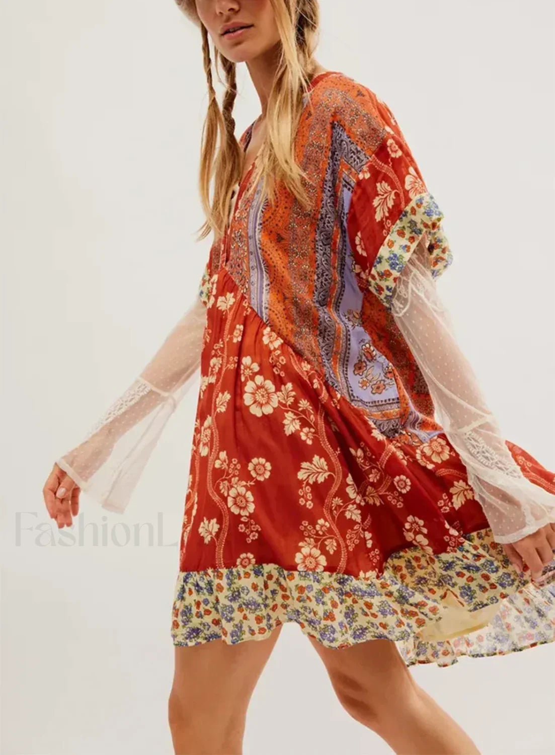 Pleated Oversized V-Neck Boho Dress