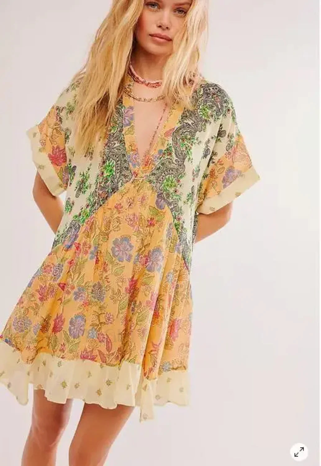 Pleated Oversized V-Neck Boho Dress