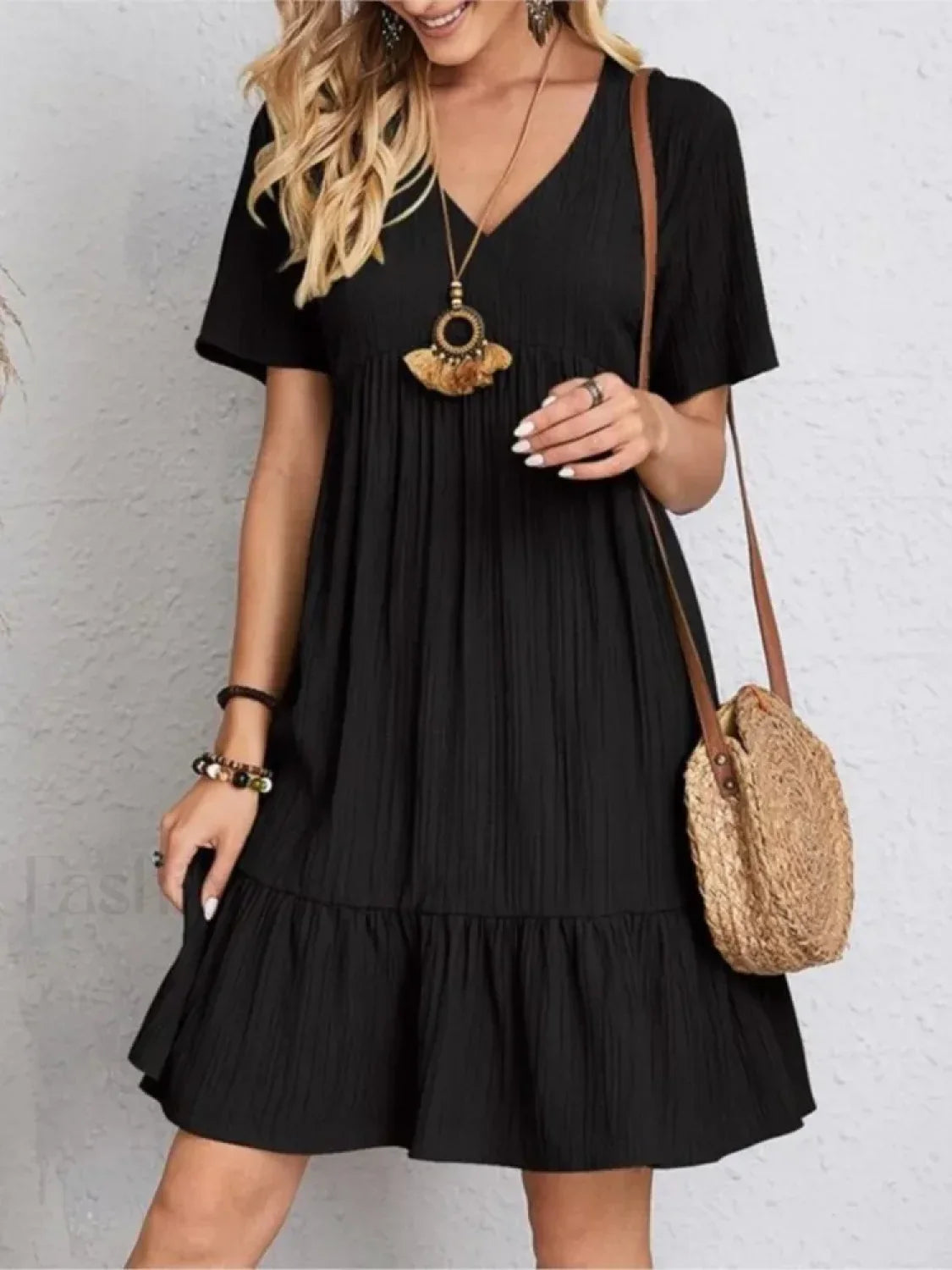 Pleated Ruffle Mini Boho Dress