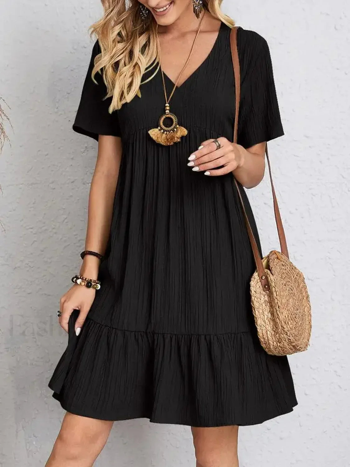 Pleated Ruffle Mini Boho Dress Black / S