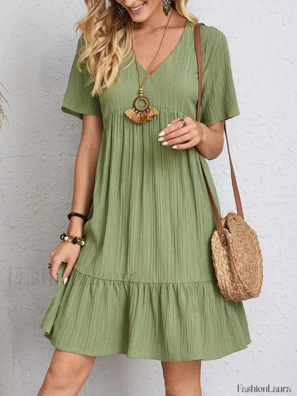 Pleated Ruffle Mini Boho Dress
