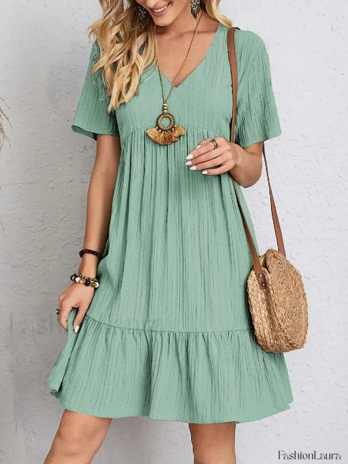 Pleated Ruffle Mini Boho Dress