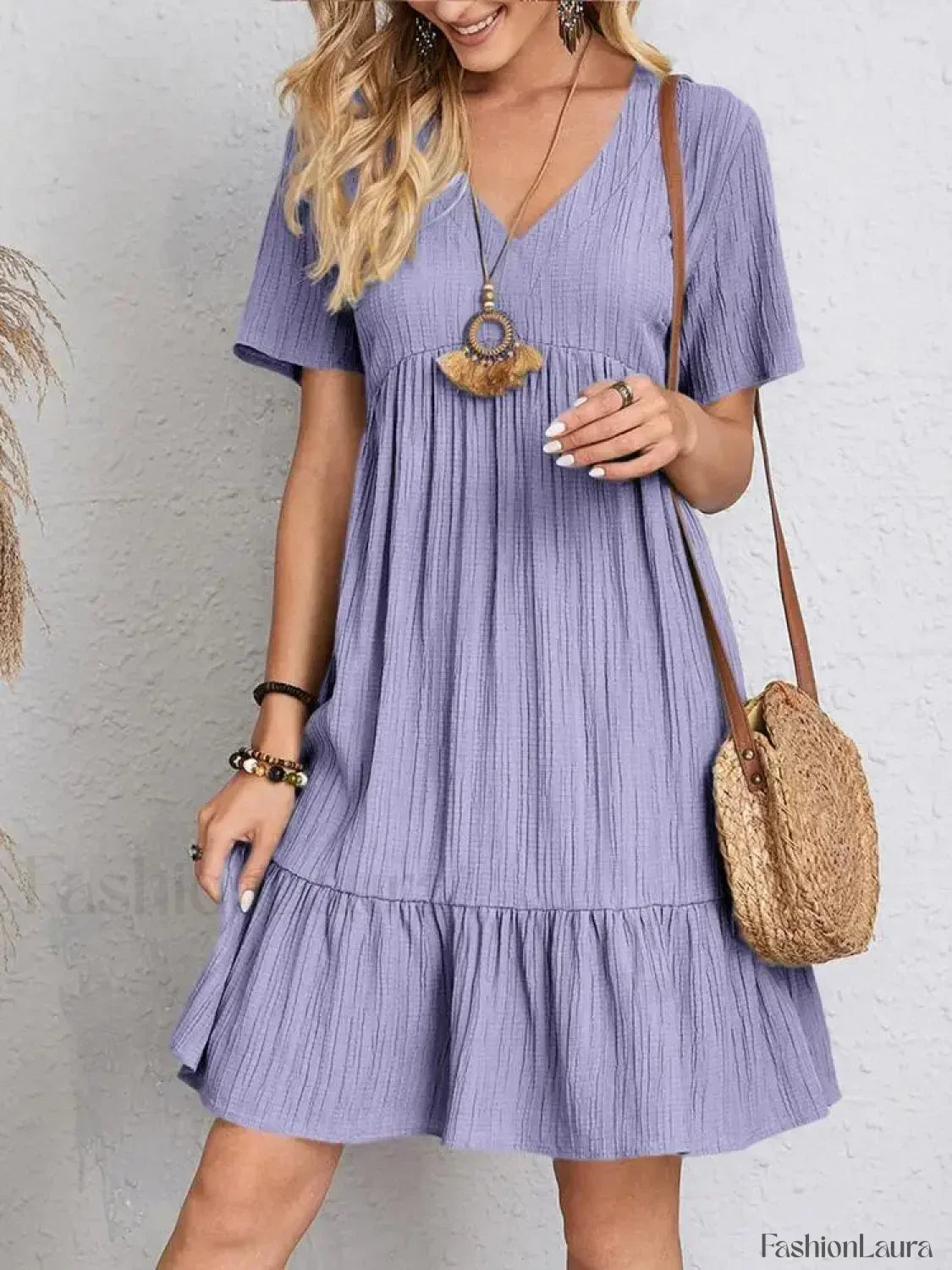 Pleated Ruffle Mini Boho Dress