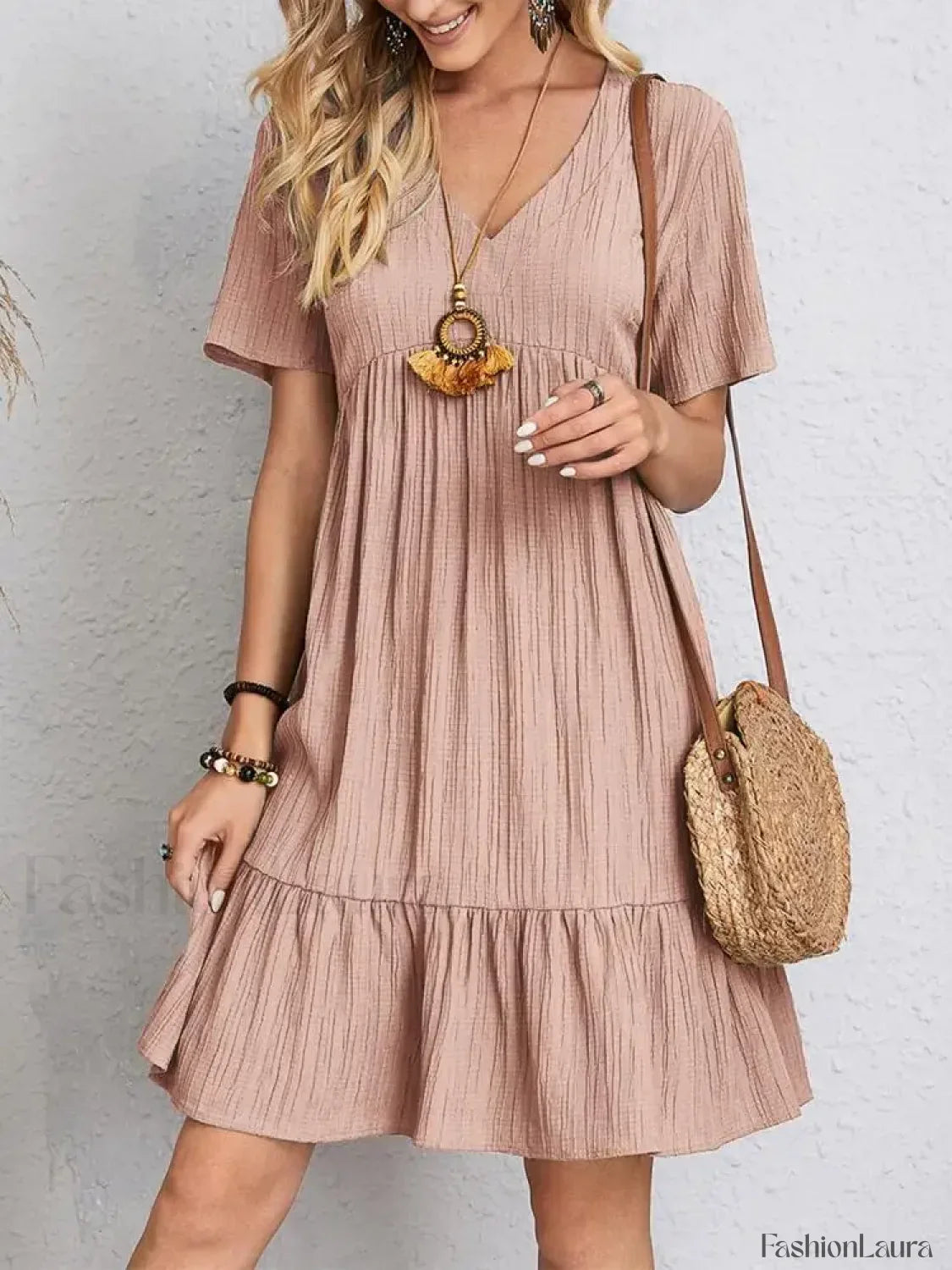 Pleated Ruffle Mini Boho Dress
