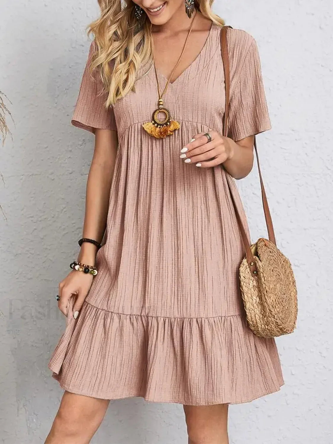 Pleated Ruffle Mini Boho Dress