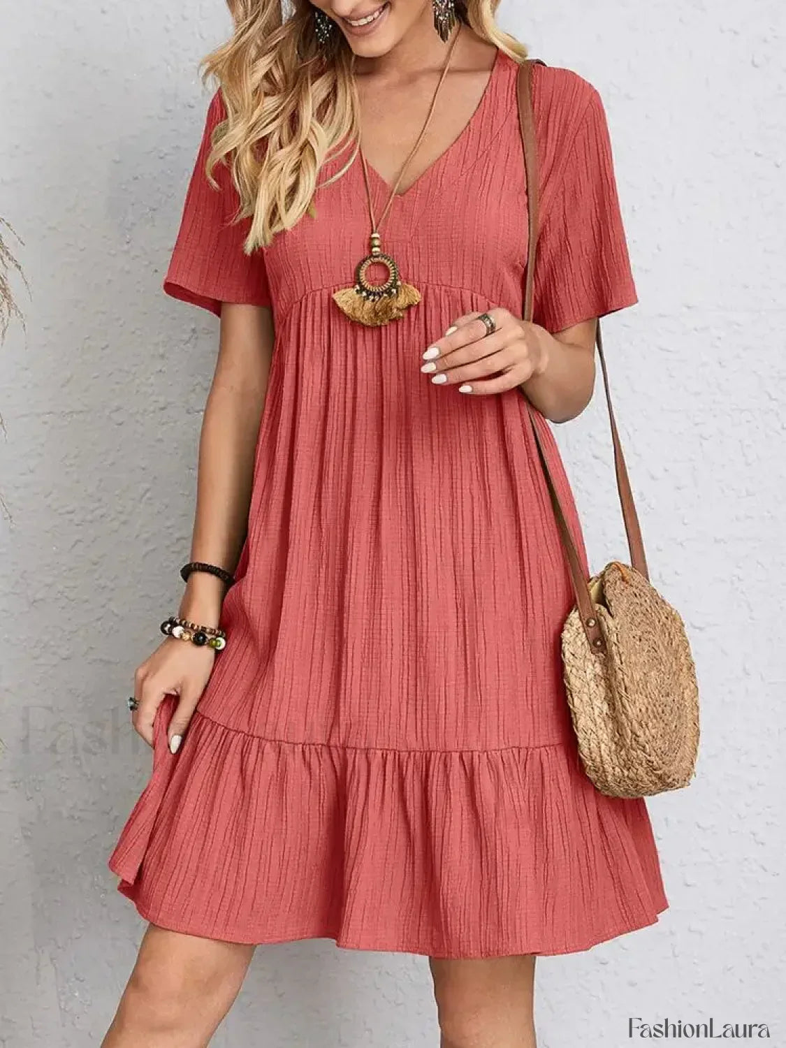 Pleated Ruffle Mini Boho Dress