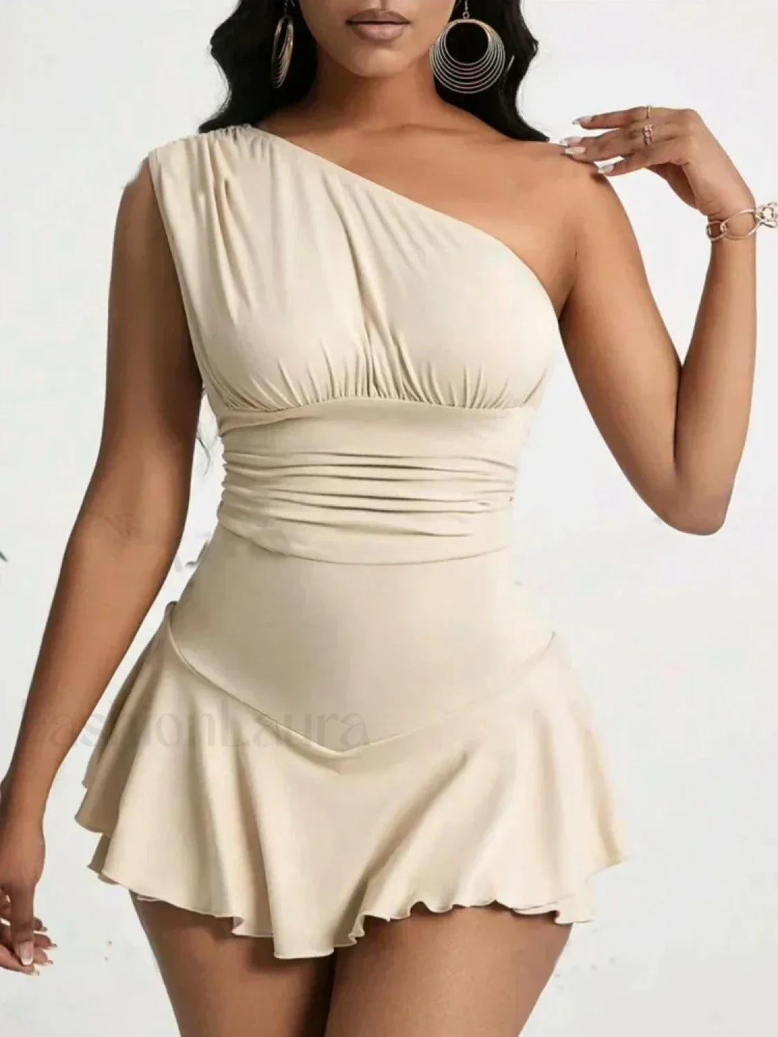 Pleated Solid Single Shoulder One Piece