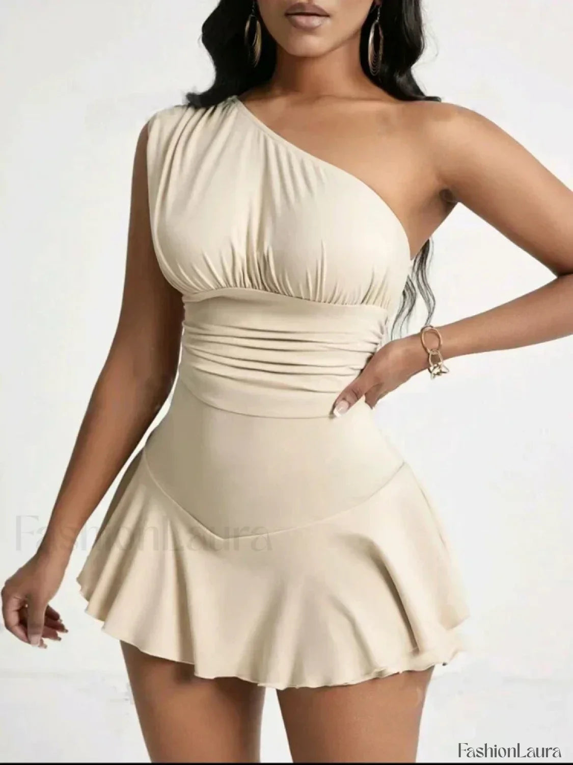 Pleated Solid Single Shoulder One Piece