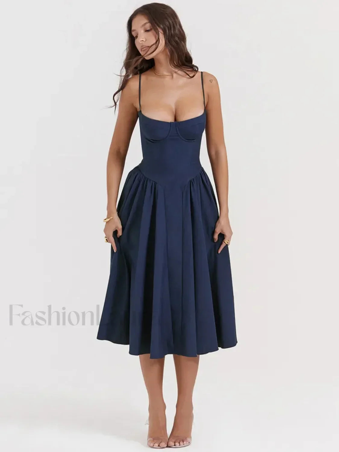 Pleated Spaghetti-Strap Midi Dress