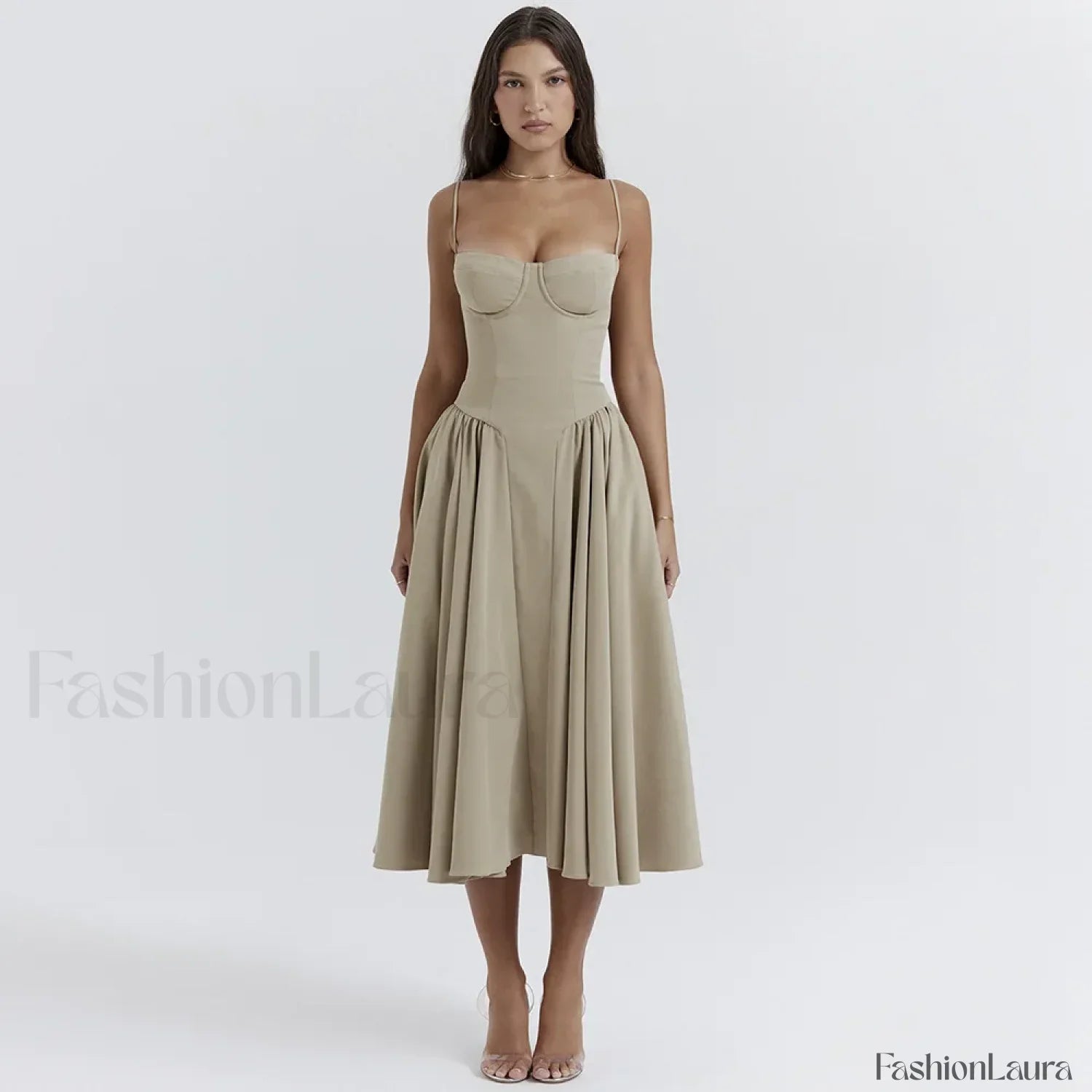 Pleated Spaghetti-Strap Midi Dress