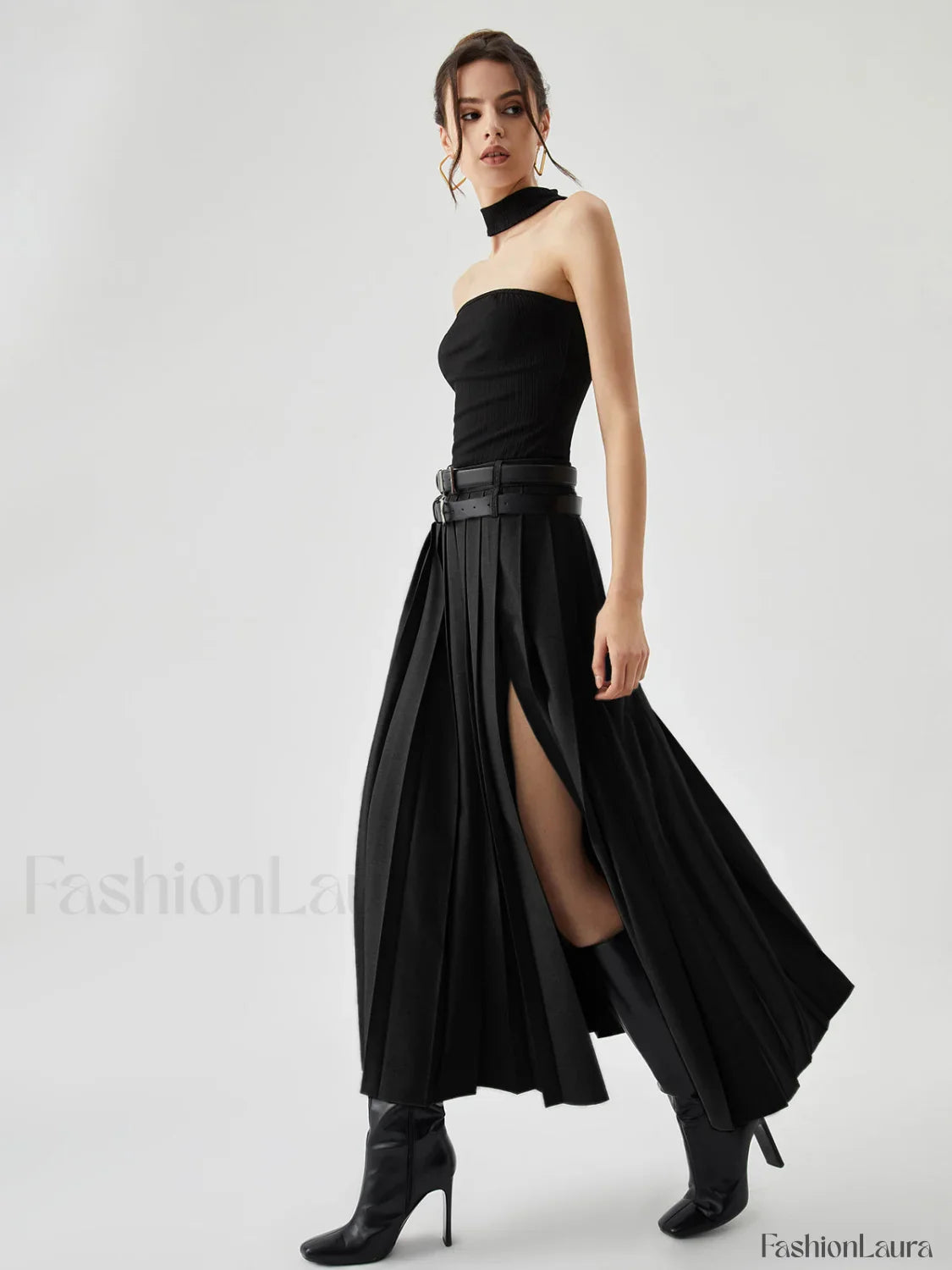 Pleated Split Maxi Trendy Skirt Without Belt