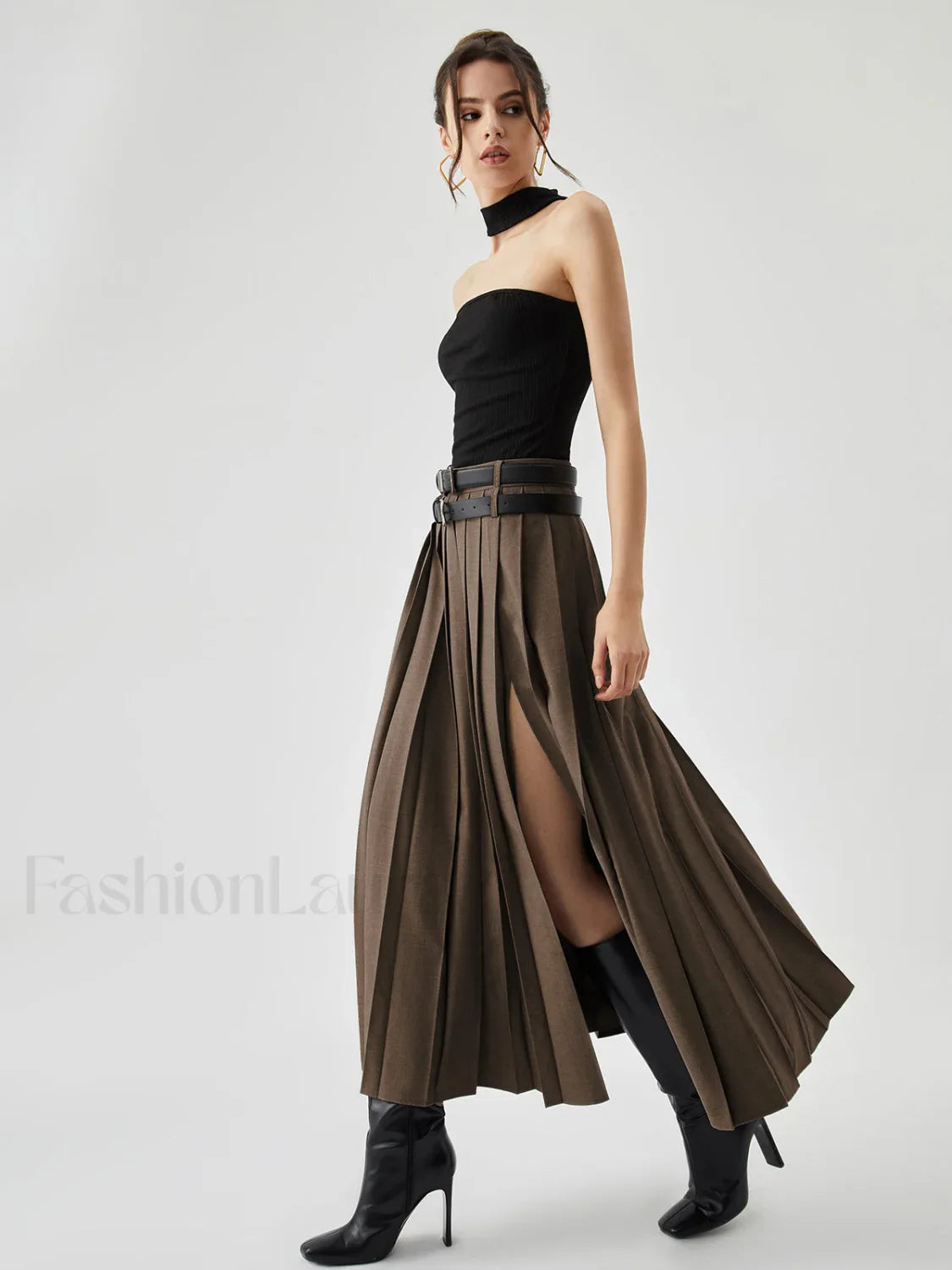 Pleated Split Maxi Trendy Skirt Without Belt