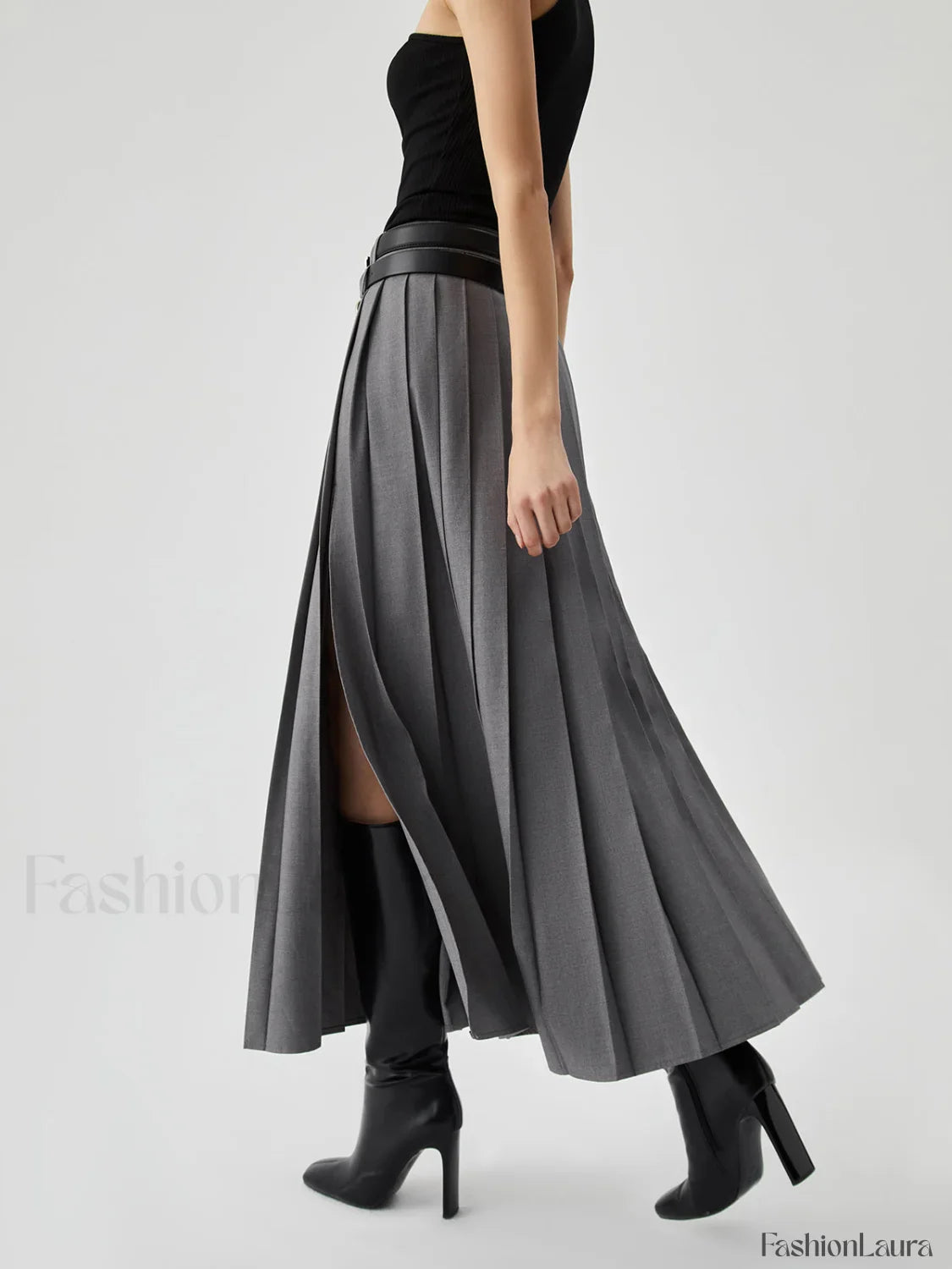 Pleated Split Maxi Trendy Skirt Without Belt