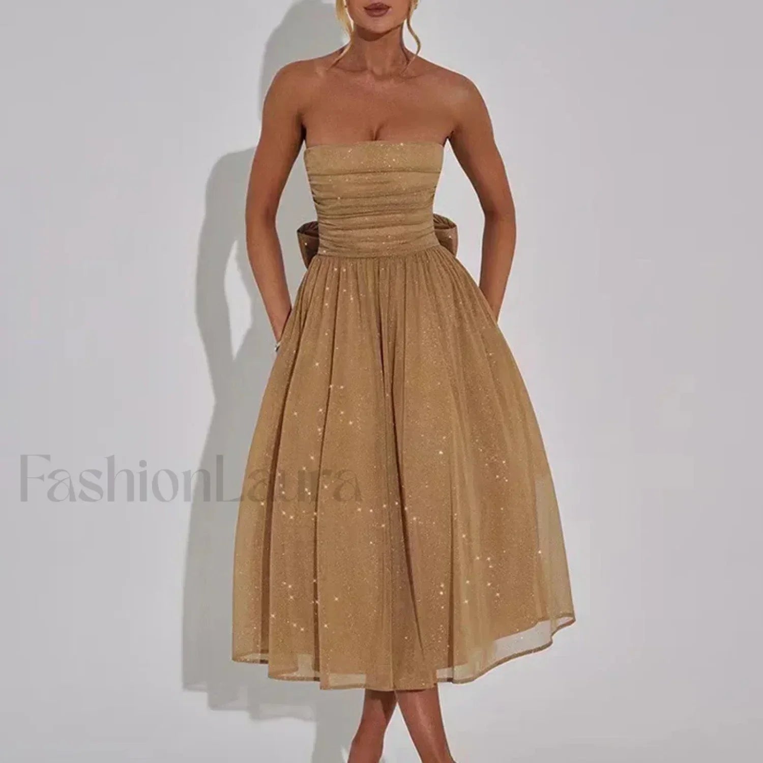 Pleated Strapless Bow Midi Dress 02 Orange / S