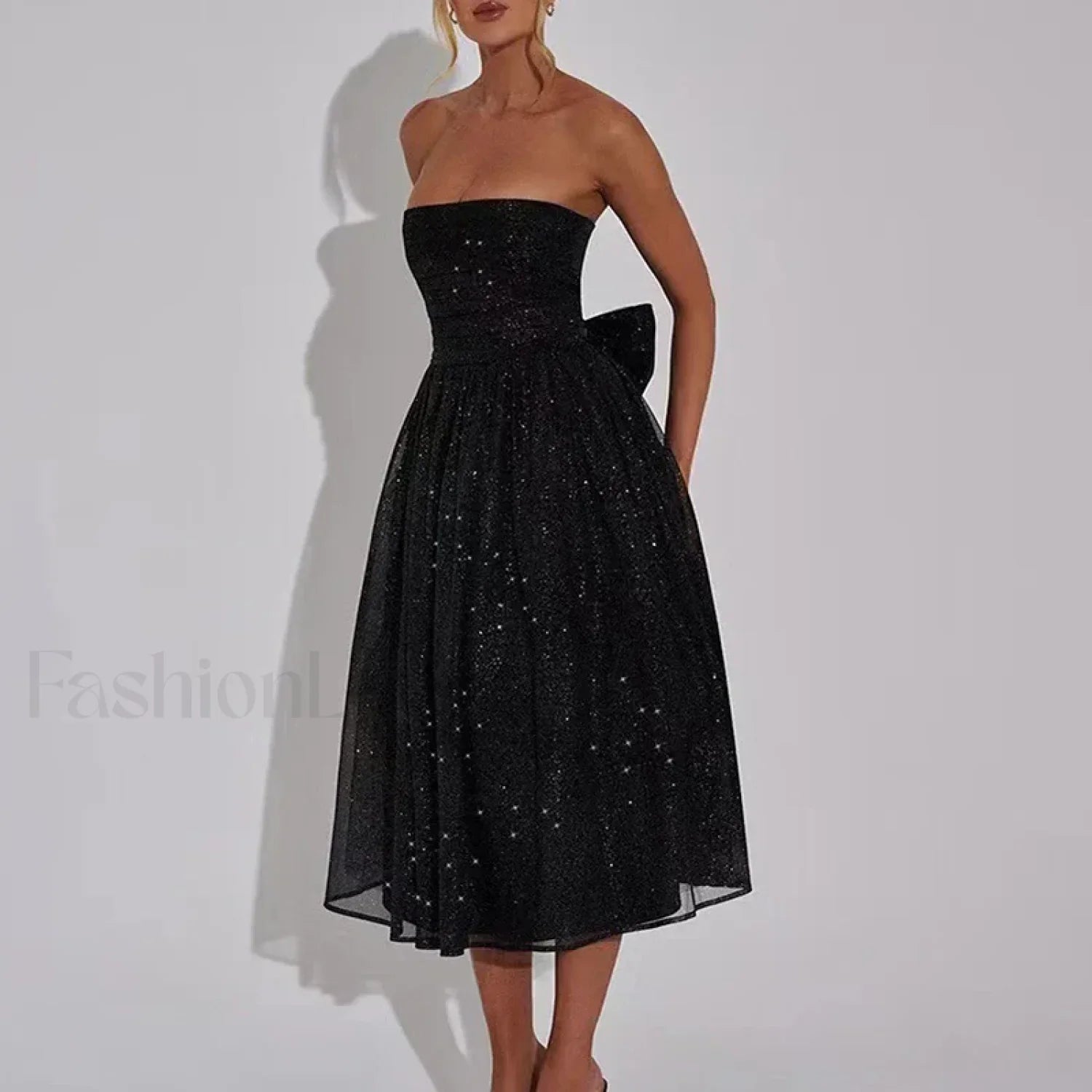 Pleated Strapless Bow Midi Dress