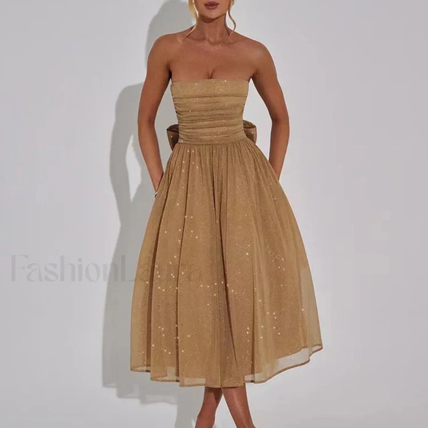 Pleated Strapless Bow Midi Dress