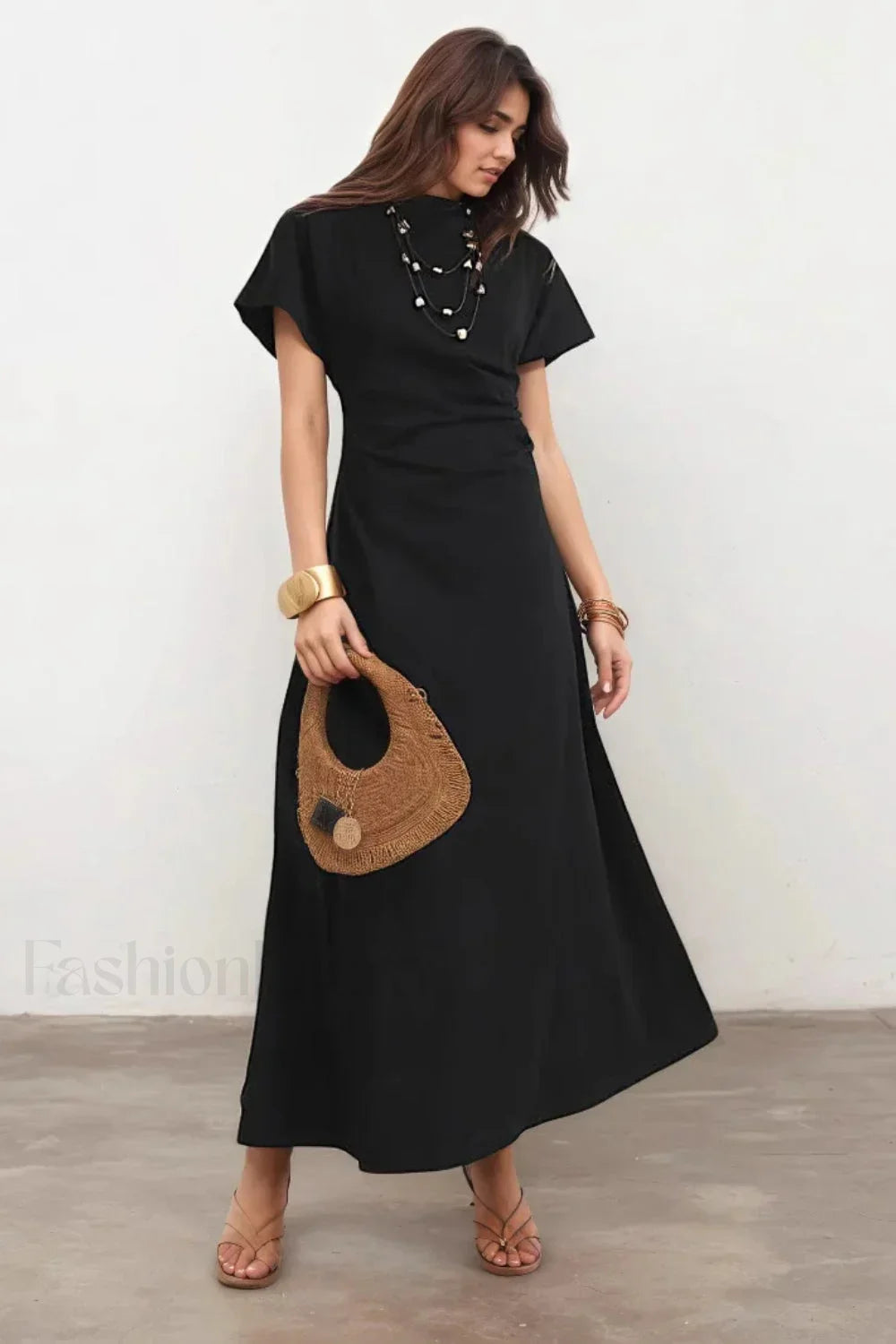 Pleated Waist Pendant Detail Black Maxi Dress