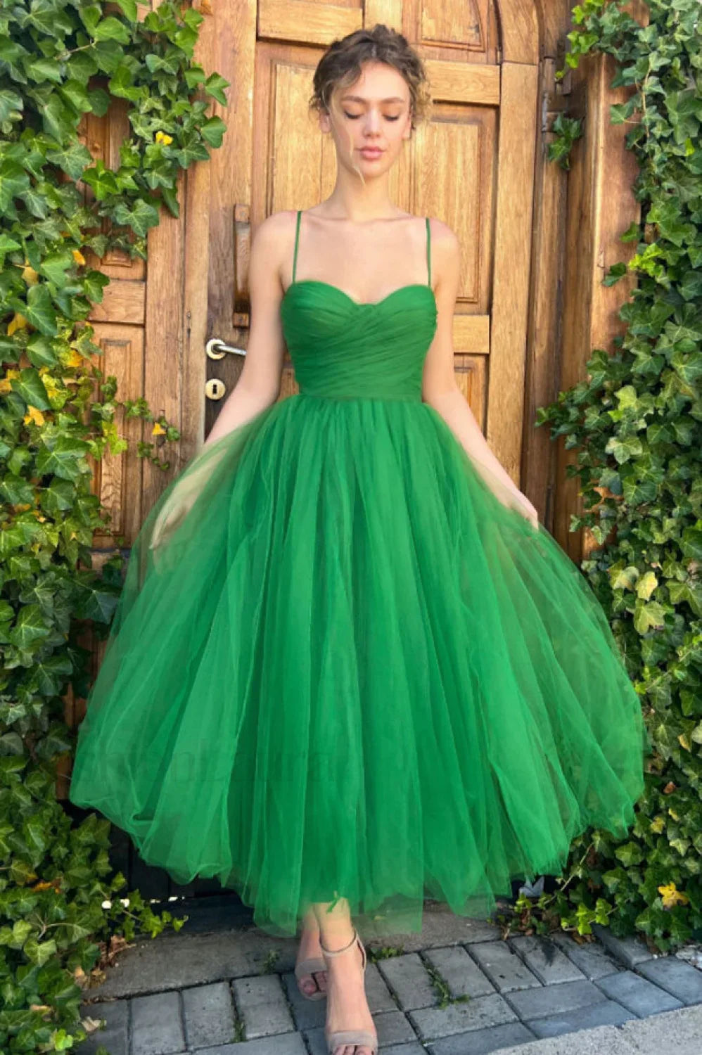 Pleats Spaghetti Stylish Straps Midi Dress S / Green