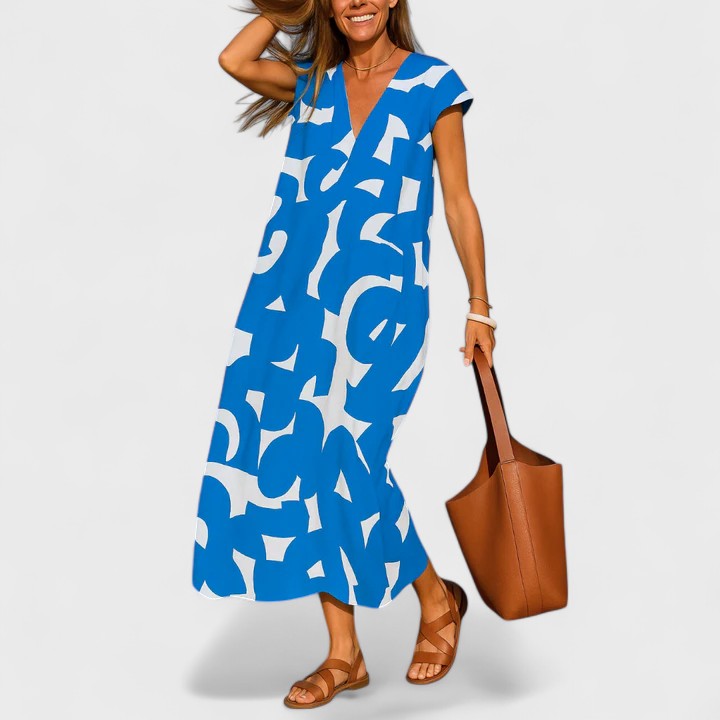 Geometric Print V-Neck Cap Sleeve A-Line Maxi Dress